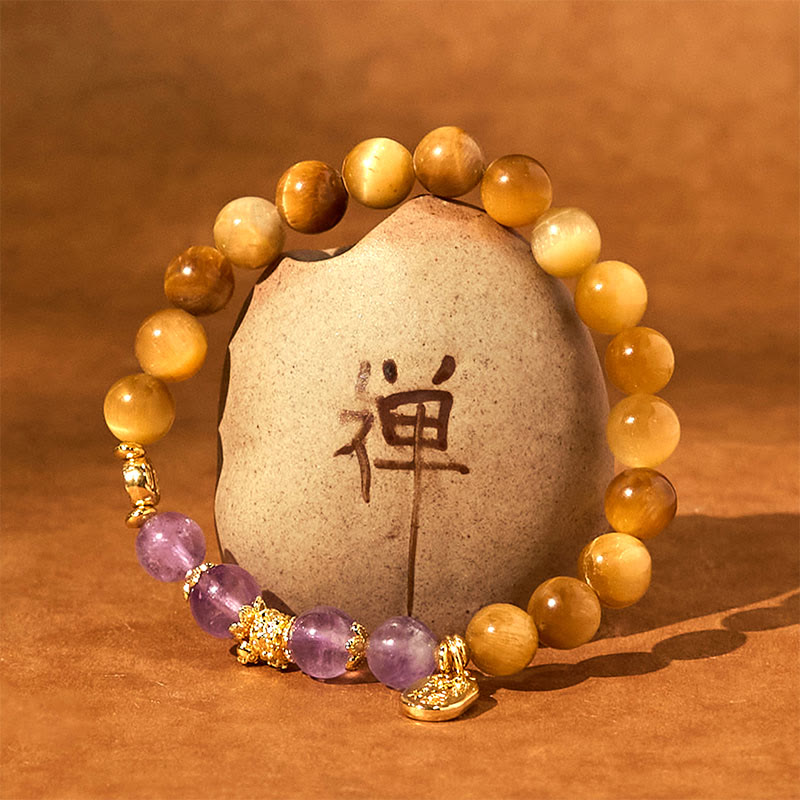8 mm Tigerauge Amethyst Fu Charakter Stärke Armband