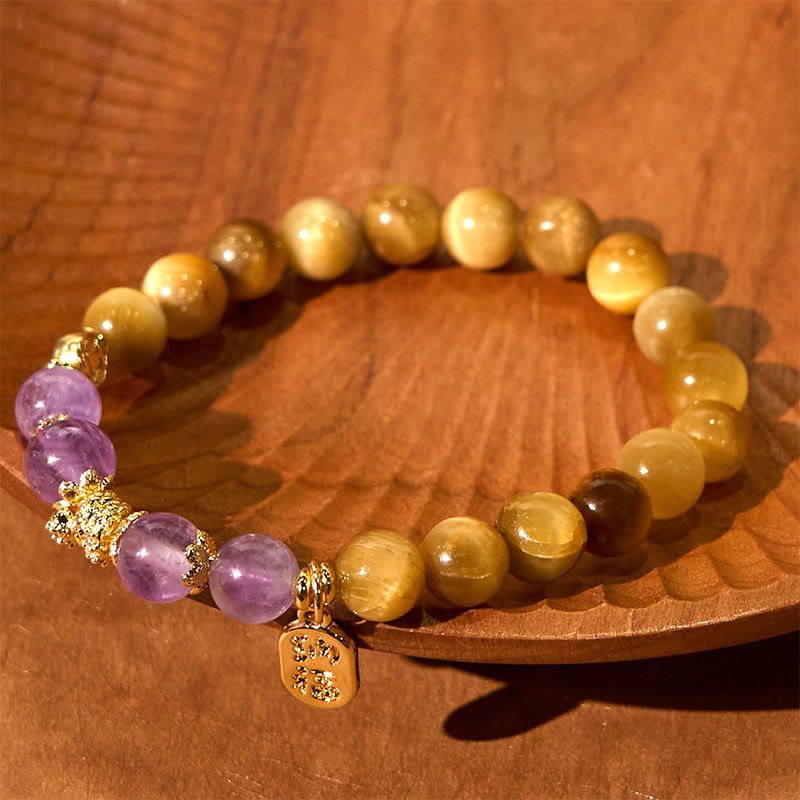 8 mm Tigerauge Amethyst Fu Charakter Stärke Armband