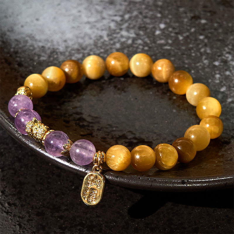 8 mm Tigerauge Amethyst Fu Charakter Stärke Armband
