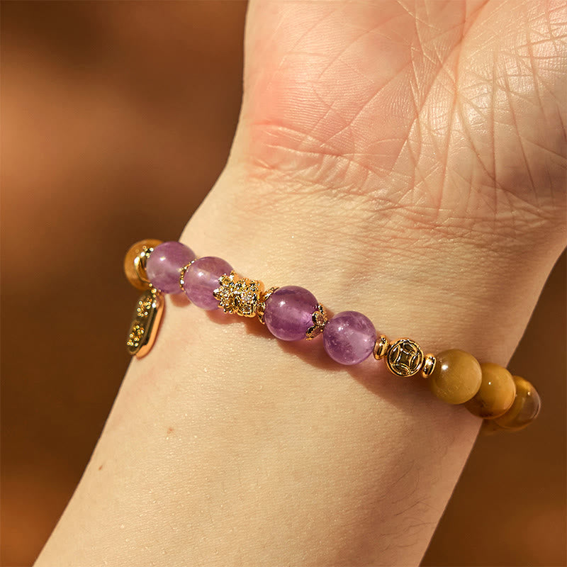 8 mm Tigerauge Amethyst Fu Charakter Stärke Armband
