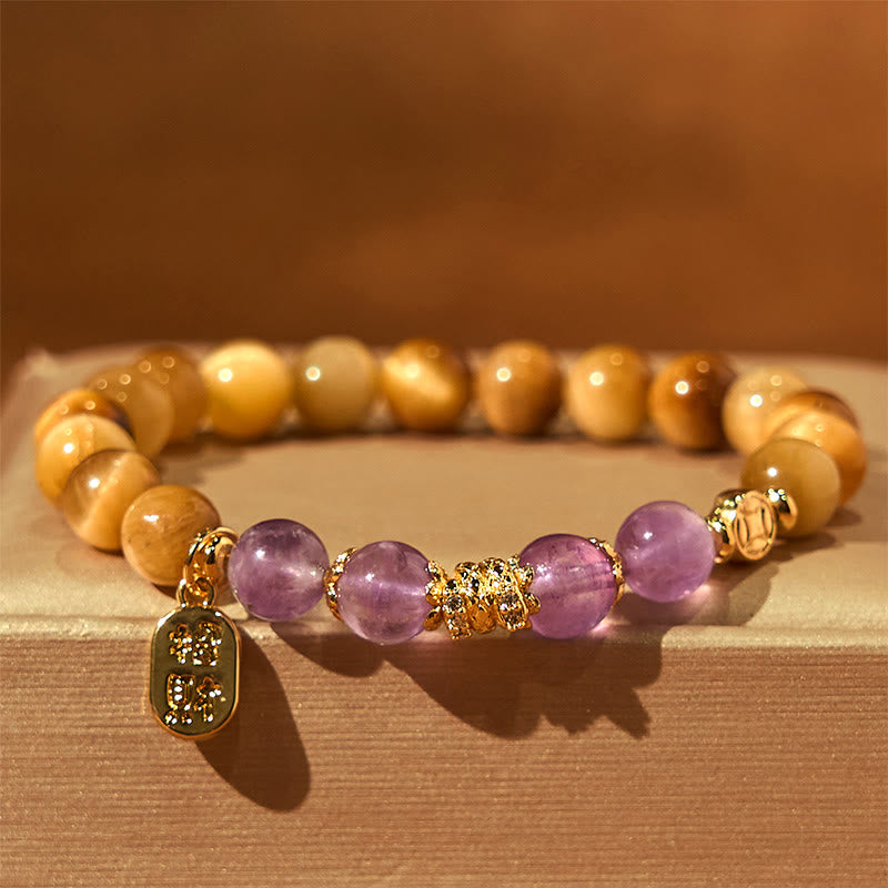 8 mm Tigerauge Amethyst Fu Charakter Stärke Armband
