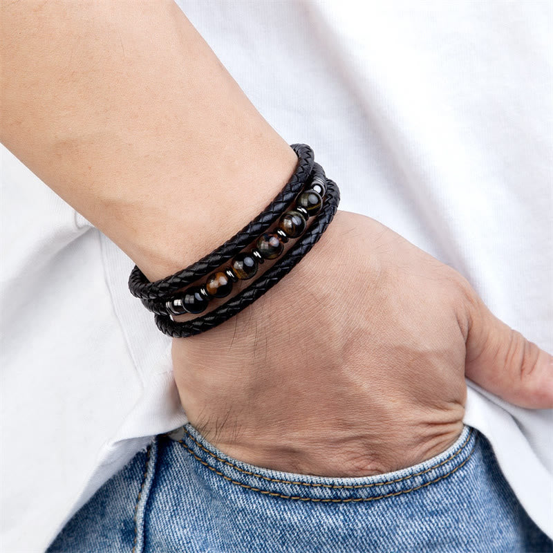 8 mm Tigerauge-Perlen-Positives Balance-Lederarmband