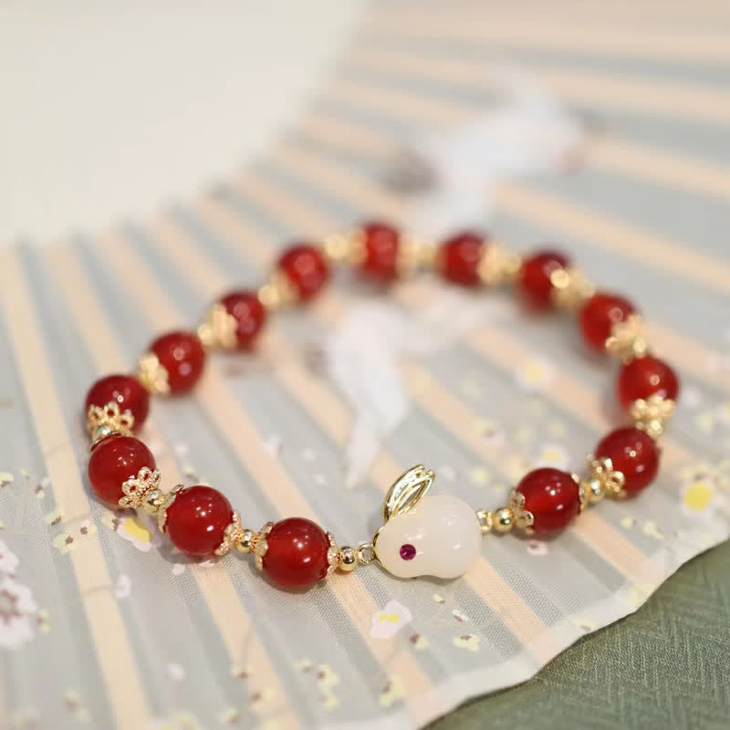 8 mm Jahr des Hasen-Armband aus rotem Achat und weißer Jade