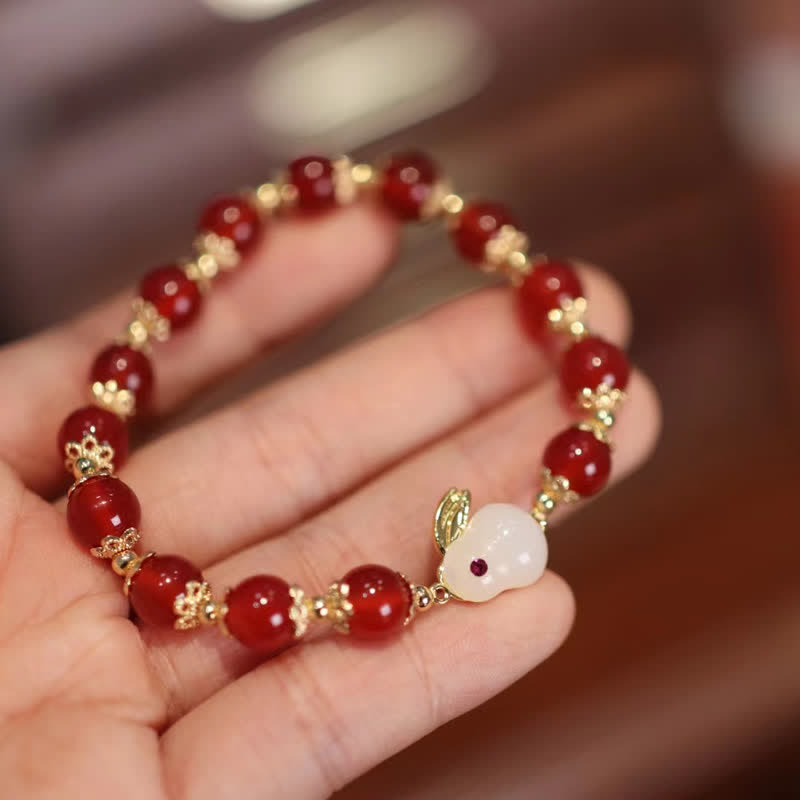 8 mm Jahr des Hasen-Armband aus rotem Achat und weißer Jade