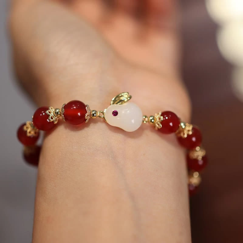 8 mm Jahr des Hasen-Armband aus rotem Achat und weißer Jade