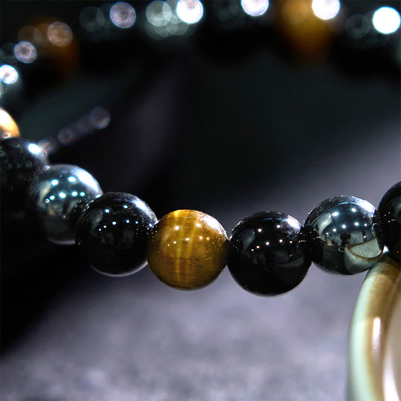 8 mm gelbes Tigerauge-Obsidian-Hämatit-Armband für Herren
