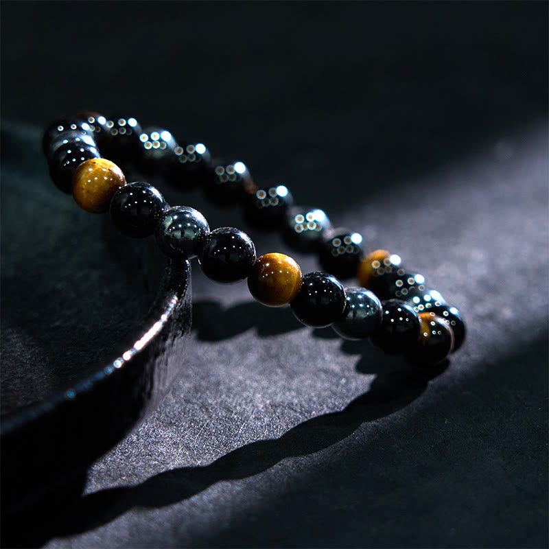 8 mm gelbes Tigerauge-Obsidian-Hämatit-Armband für Herren