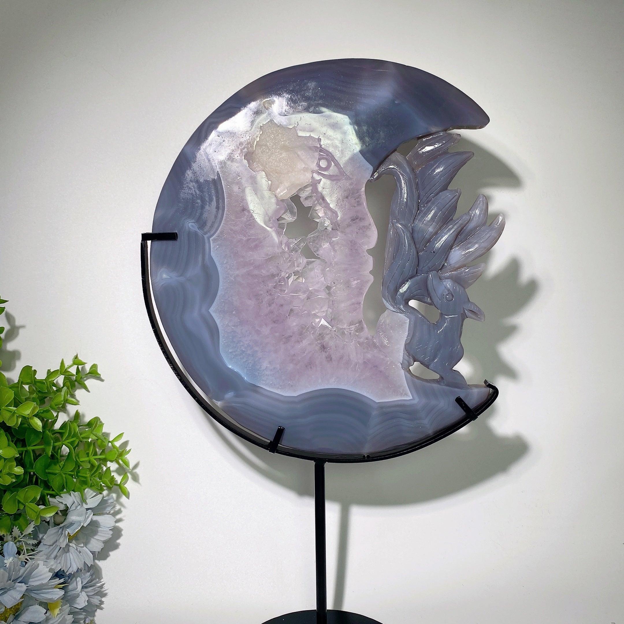9.8 inch Druzy Amethyst Agate Moon Face Fox Carving