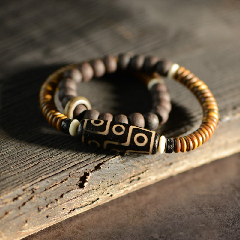 9-Augen-Dzi-Perle, Ebenholz, spirituelles Doppelwickelarmband