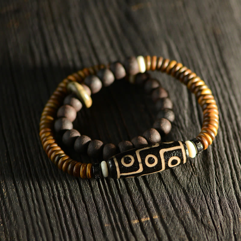 9-Augen-Dzi-Perle, Ebenholz, spirituelles Doppelwickelarmband