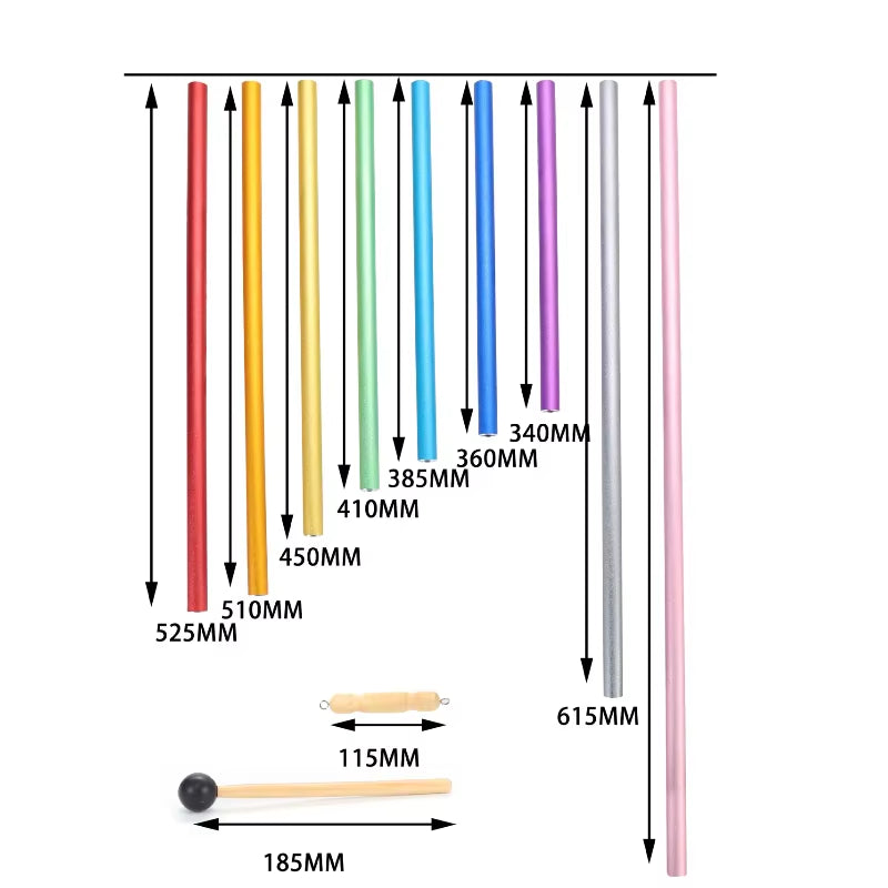 Colorful vertical arrows with measurement lines for 9 Notes Chakra Equilibrium Swing Chimes