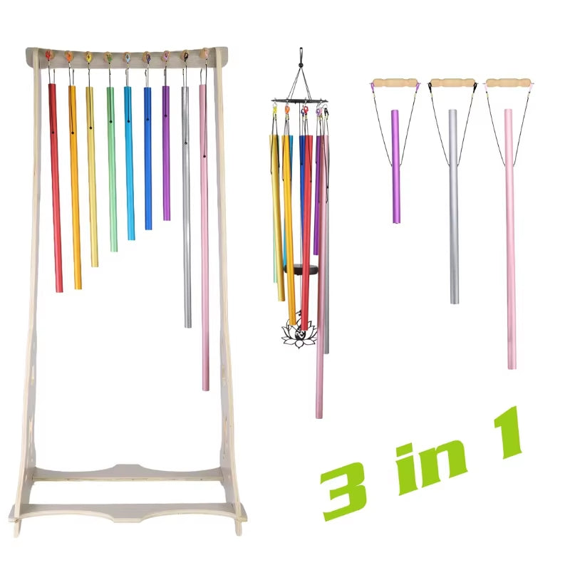 Rainbow-colored wind chimes with metal tubes and bracket for chakra equilibrium