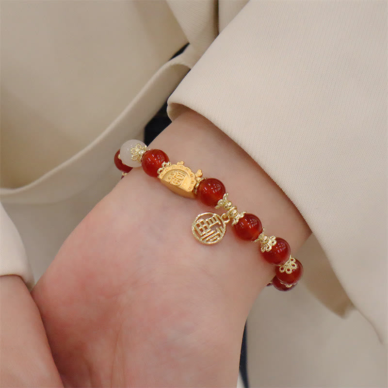 8mm Dragon Luck Bracelet with Red Agate & Multifaceted Stones