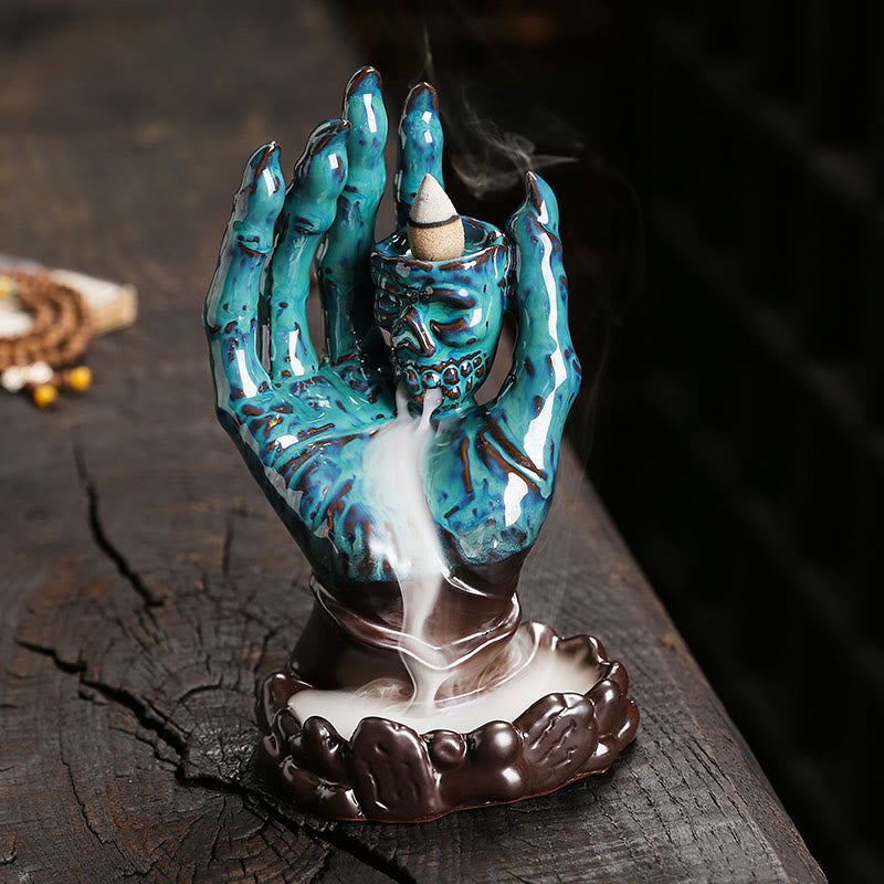 Brown Ceramic Incense Burner Skull Hand Decoration