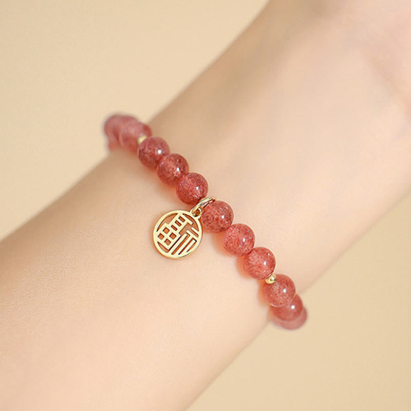 Strawberry Quartz Fu Character Healing Charm Bracelet