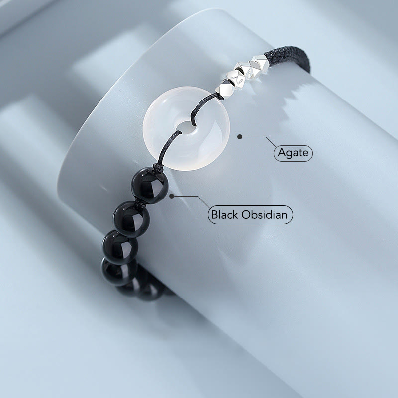 925 Sterling Silber Schwarzer Obsidian Peace Buckle Strength Armband