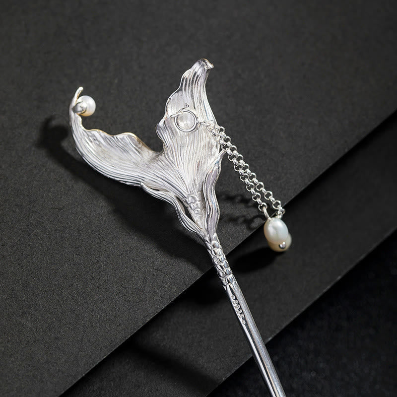 Haarnadel mit chinesischer Fischschwanz-Perlenquaste aus 925er Sterlingsilber