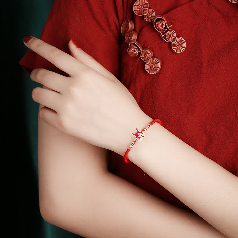 Armband aus 925er Sterlingsilber mit rotem Band und chinesischem Sternzeichen