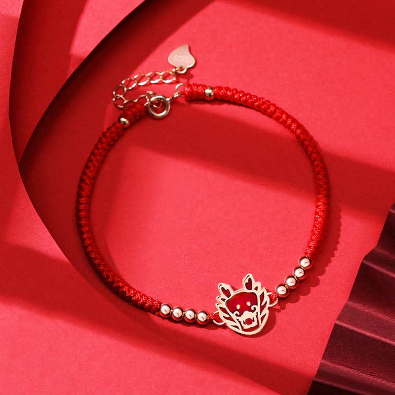 Armband aus 925er Sterlingsilber mit rotem Band und chinesischem Sternzeichen