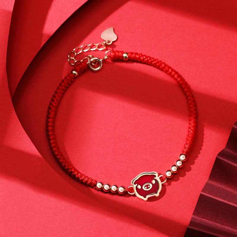 Armband aus 925er Sterlingsilber mit rotem Band und chinesischem Sternzeichen