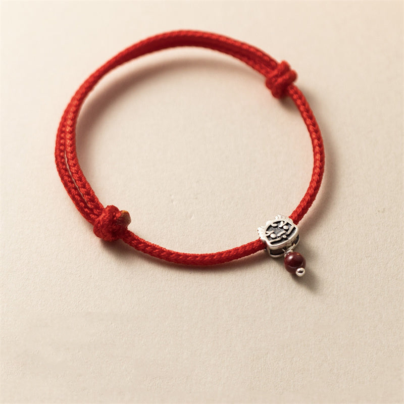 Drachenarmband aus 925er Sterlingsilber mit roter Schnur für Glück