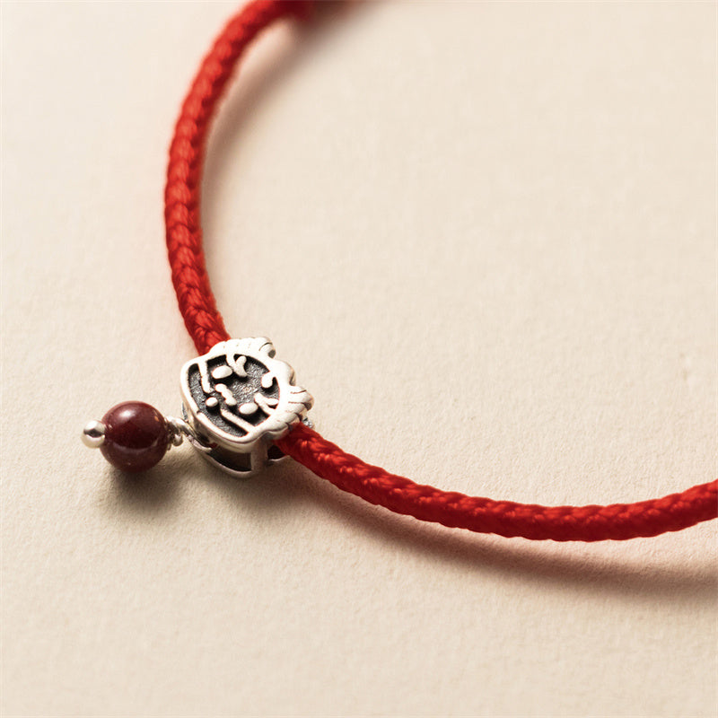 Drachenarmband aus 925er Sterlingsilber mit roter Schnur für Glück
