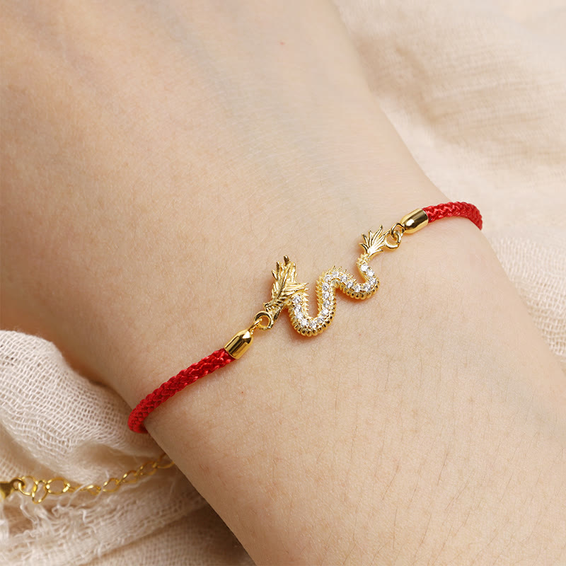 925 Sterling Silber Drachen Glücksarmband | Rotes Seil oder Goldkette