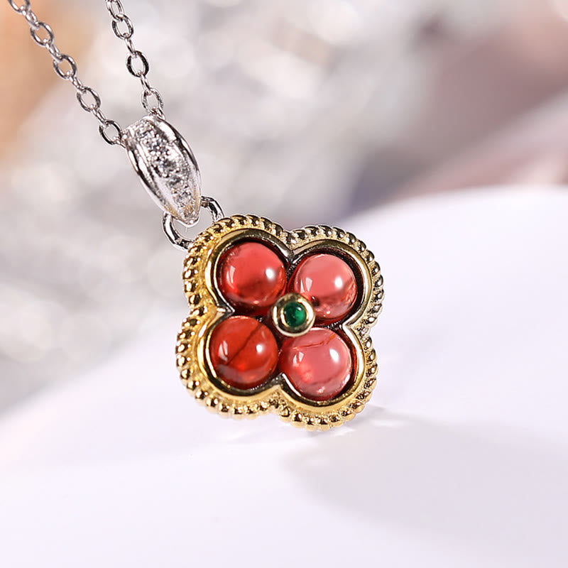 925 Sterling Silber Granat Vierblättriges Kleeblatt Schutz Halskette &amp; Ring Set