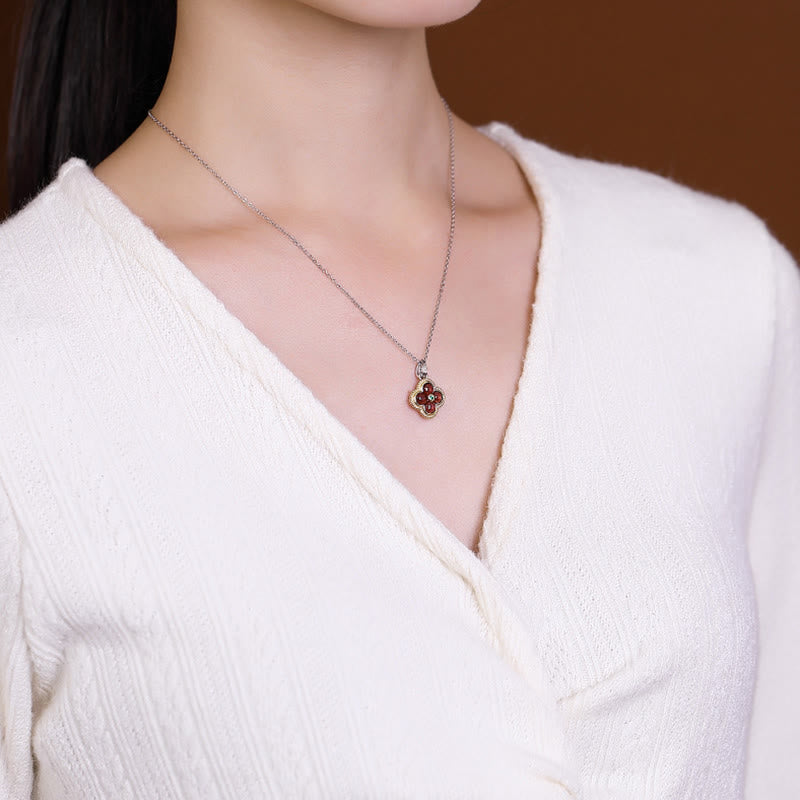 925 Sterling Silber Granat Vierblättriges Kleeblatt Schutz Halskette &amp; Ring Set