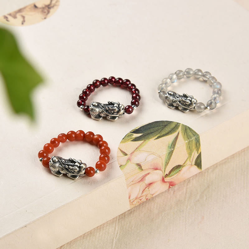 925 Sterling Silber Granat PiXiu Reichtumsring zum Schutz