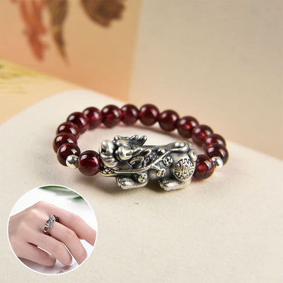 925 Sterling Silber Granat PiXiu Reichtumsring zum Schutz