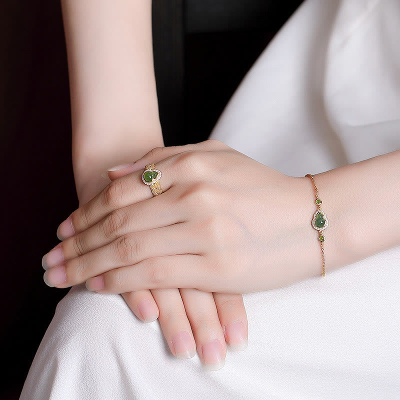 925 Sterling Silber vergoldet Hetian Jade Kürbis Set