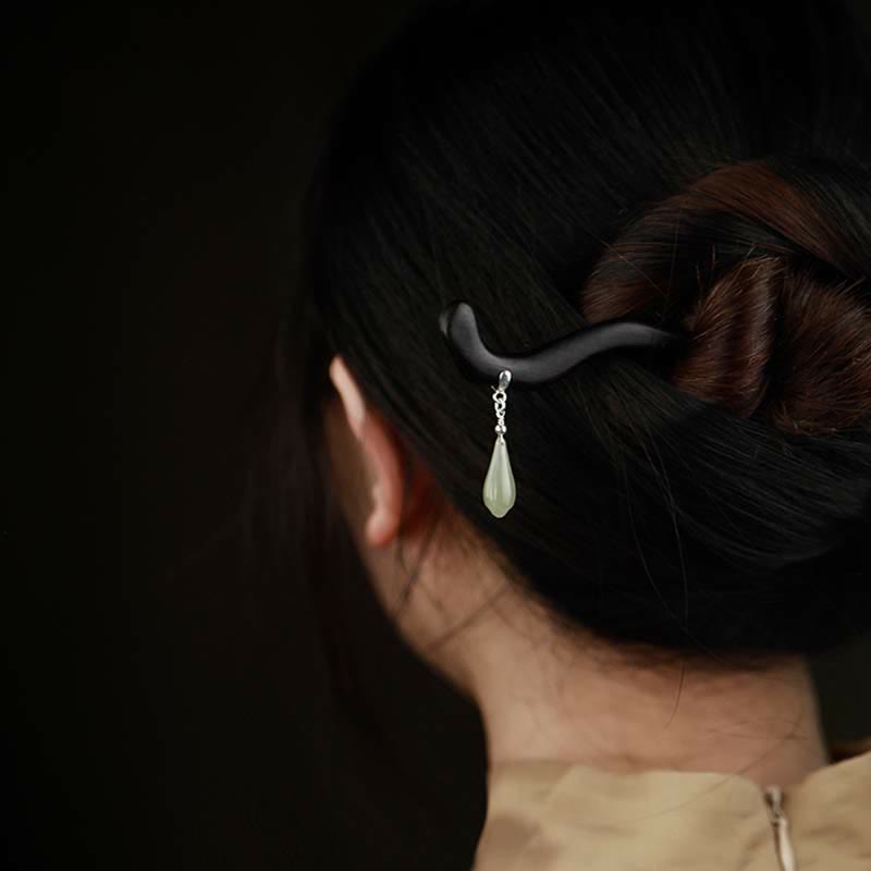 925 Sterling Silber Hetian Jade Ebenholz Chinesische Haarnadel für Glück &amp; Ruhe