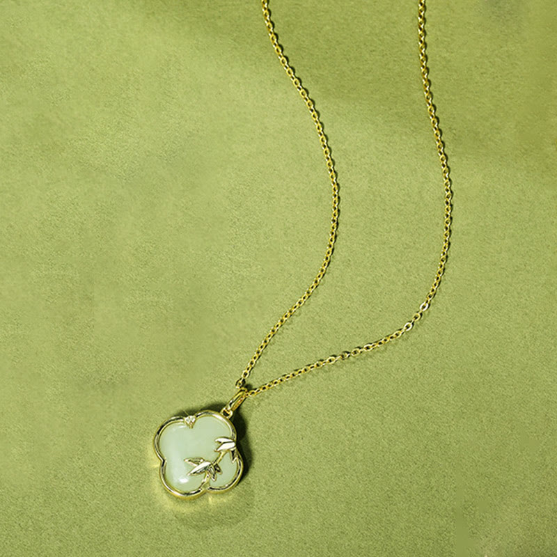 925 Sterling Silber Hetian Jade Vierblättriges Kleeblatt Bambus Halskette