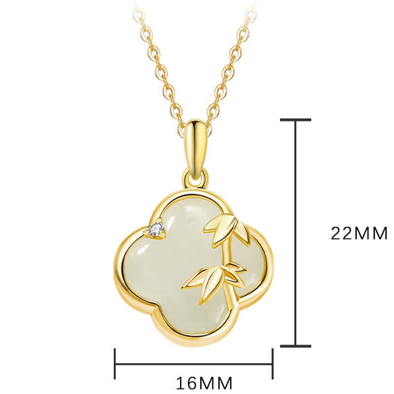 925 Sterling Silber Hetian Jade Vierblättriges Kleeblatt Bambus Halskette