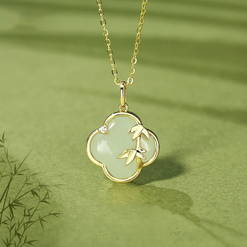 925 Sterling Silber Hetian Jade Vierblättriges Kleeblatt Bambus Halskette