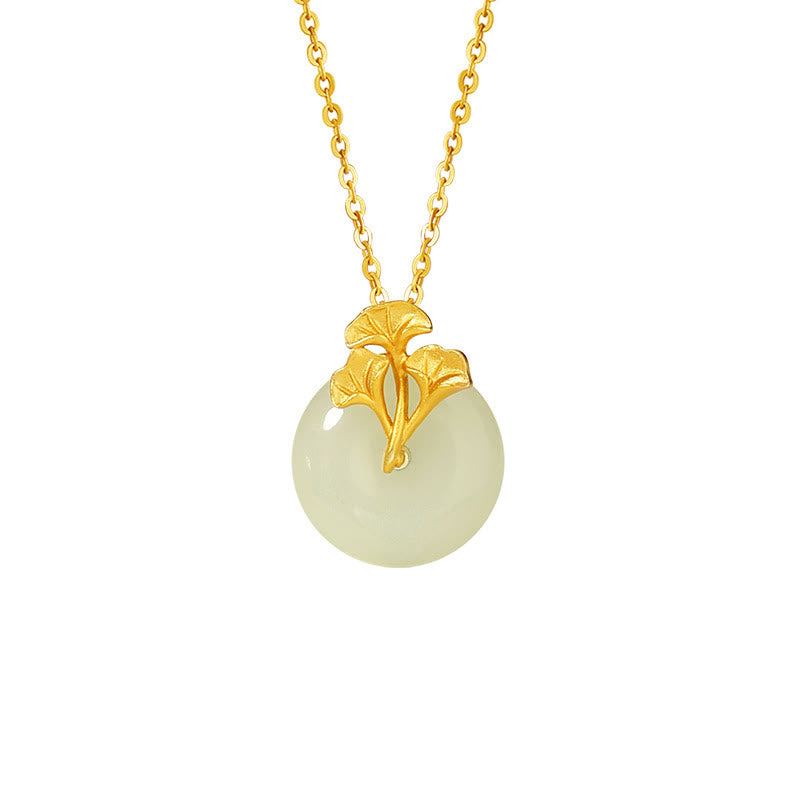 925 Sterling Silber Hetian Jade Ginkgo Blätter Wohlstand Halskette