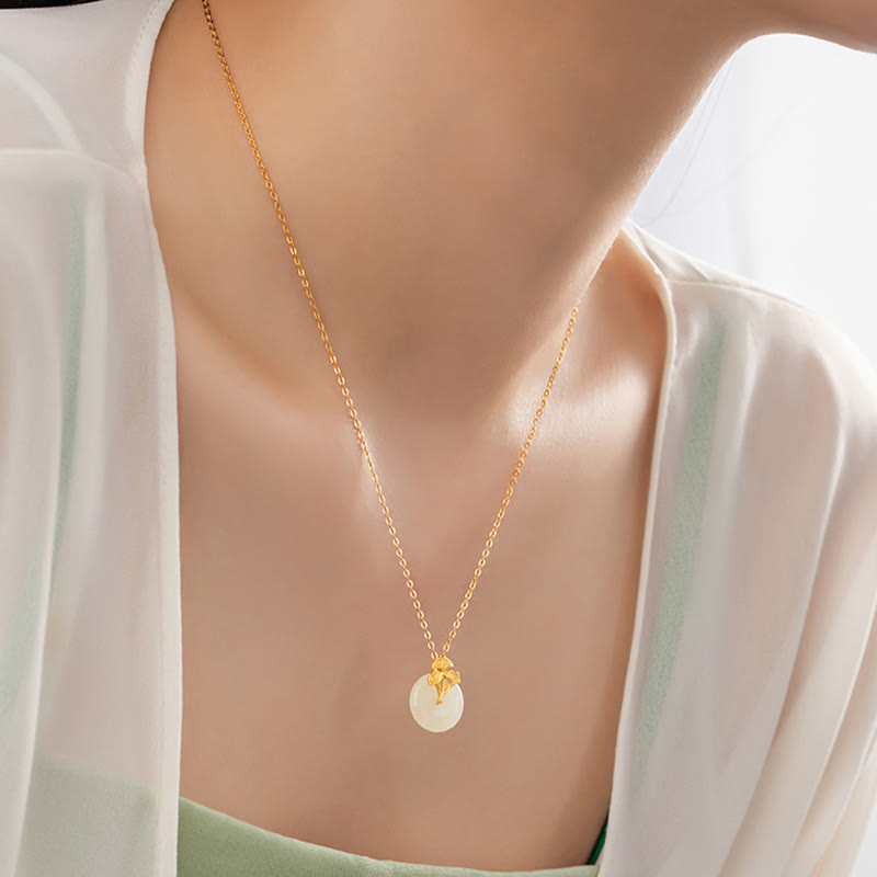 925 Sterling Silber Hetian Jade Ginkgo Blätter Wohlstand Halskette