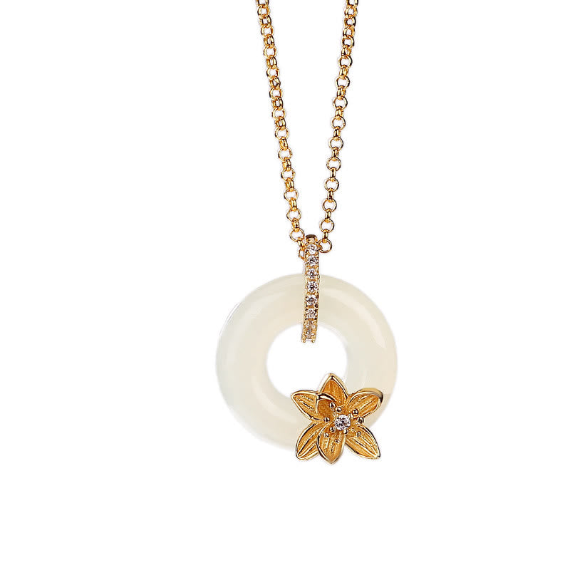 Halskette mit Peace-Schnalle und Blume aus 925er Sterlingsilber, Hetian-Jade