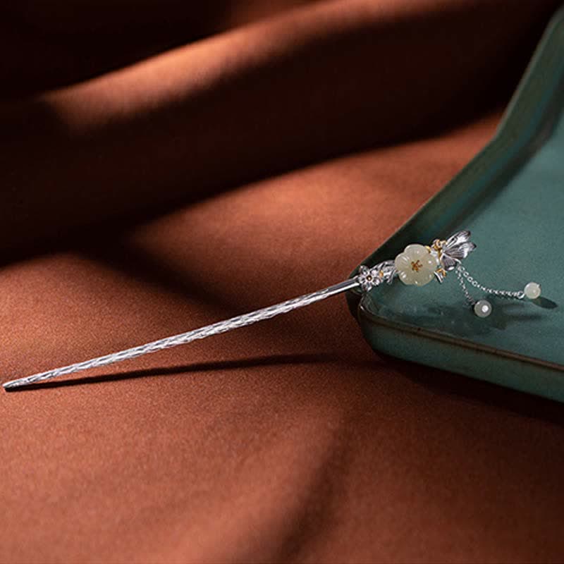 925 Sterling Silber Hetian Weiße Jade Blume Segen Chinesische Haarnadel