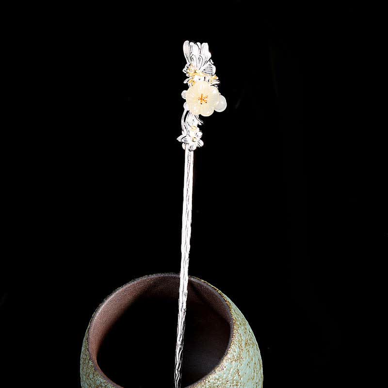 925 Sterling Silber Hetian Weiße Jade Blume Segen Chinesische Haarnadel