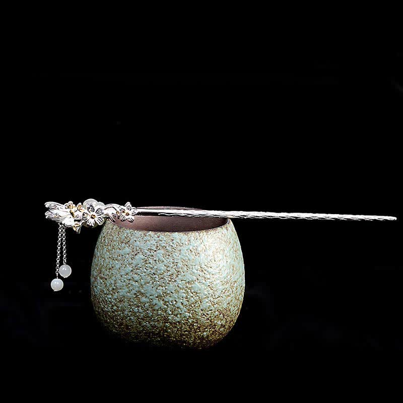 925 Sterling Silber Hetian Weiße Jade Blume Segen Chinesische Haarnadel