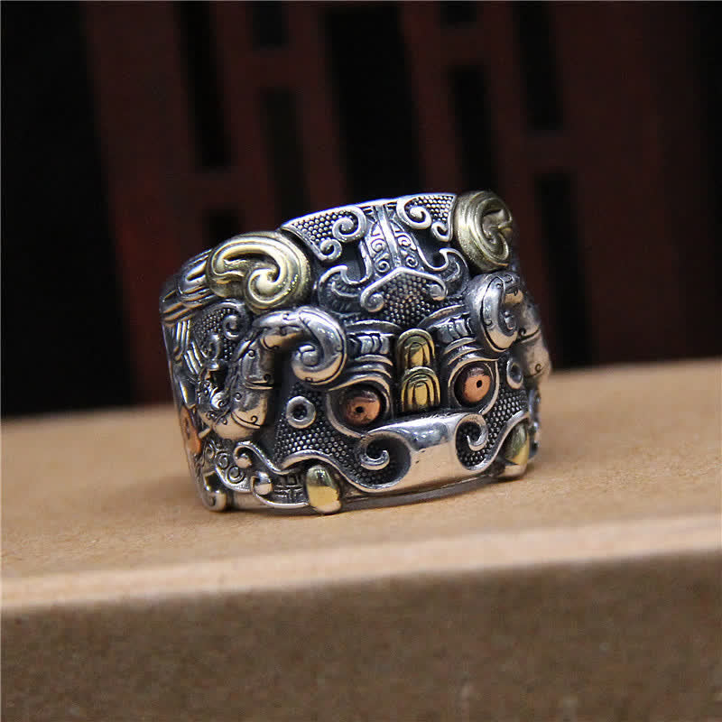925 Sterling Silber Kui Rinderschutz Verstellbarer spiritueller Ring