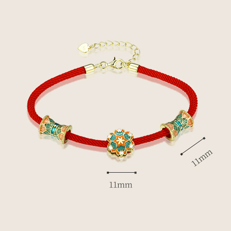 925 Sterling Silber Lotus Trommel Armband mit rotem Seil | Neuanfänge