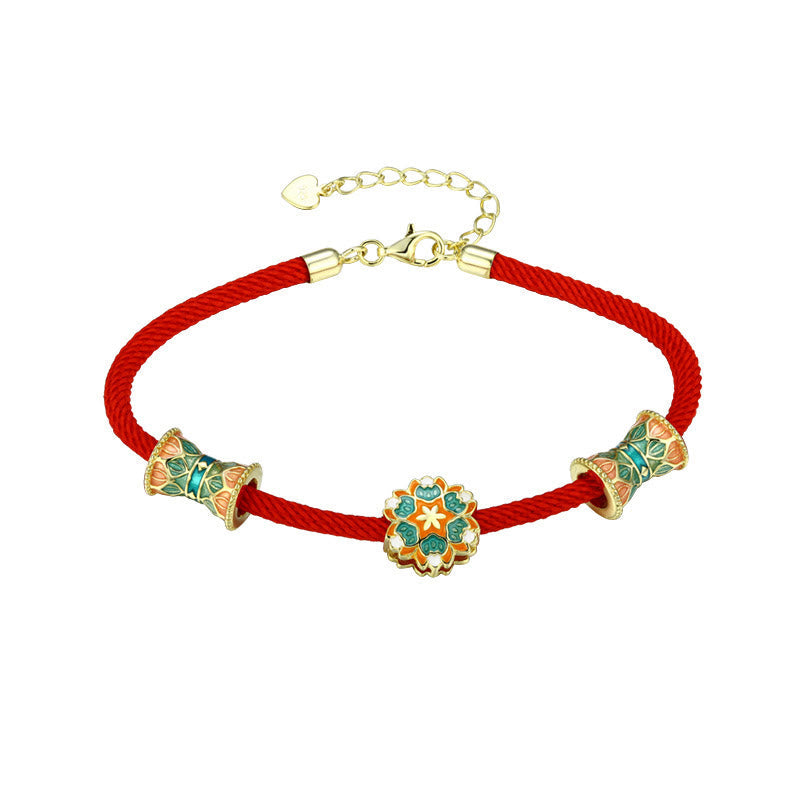 925 Sterling Silber Lotus Trommel Armband mit rotem Seil | Neuanfänge
