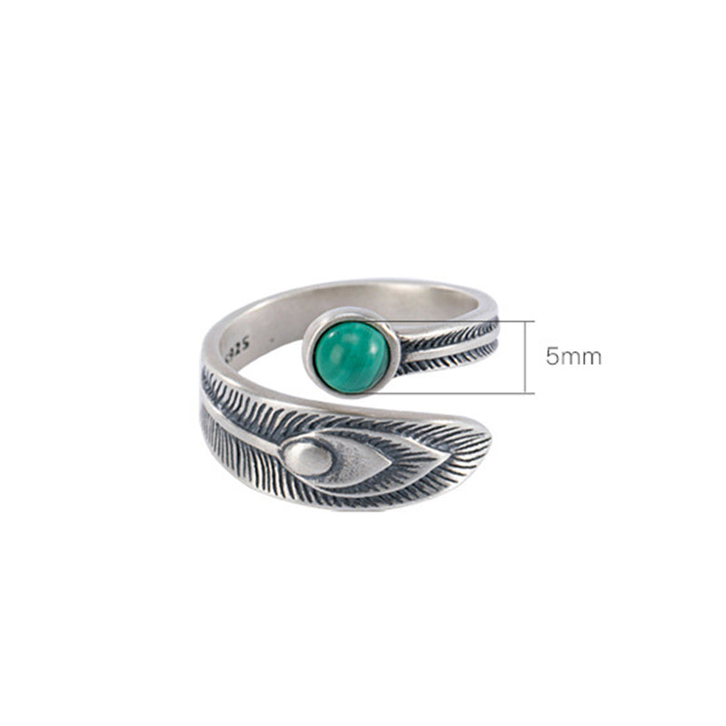 925 Sterling Silber Malachit Schutzring mit Federdesign