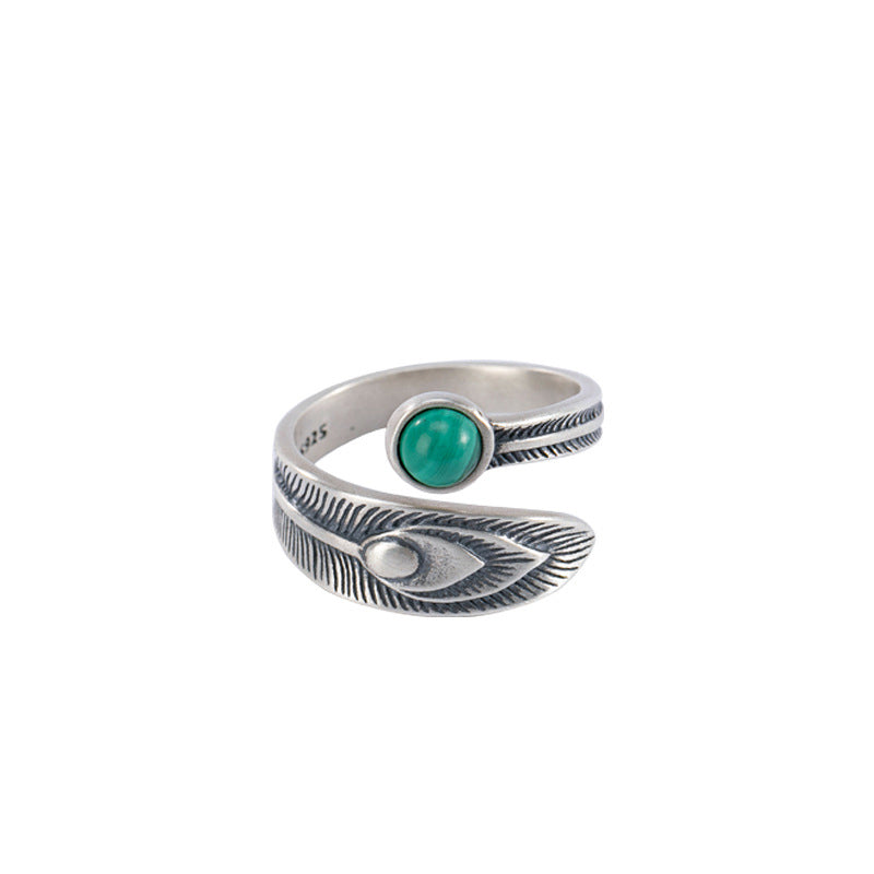 925 Sterling Silber Malachit Schutzring mit Federdesign