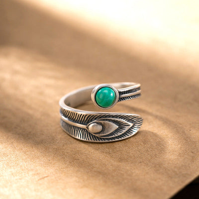 925 Sterling Silber Malachit Schutzring mit Federdesign