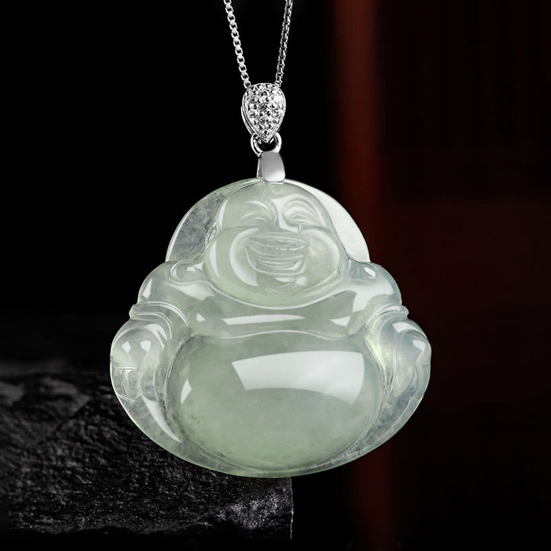 925 Sterling Silber Natürliche Jade Lachender Buddha Wohlstandskette