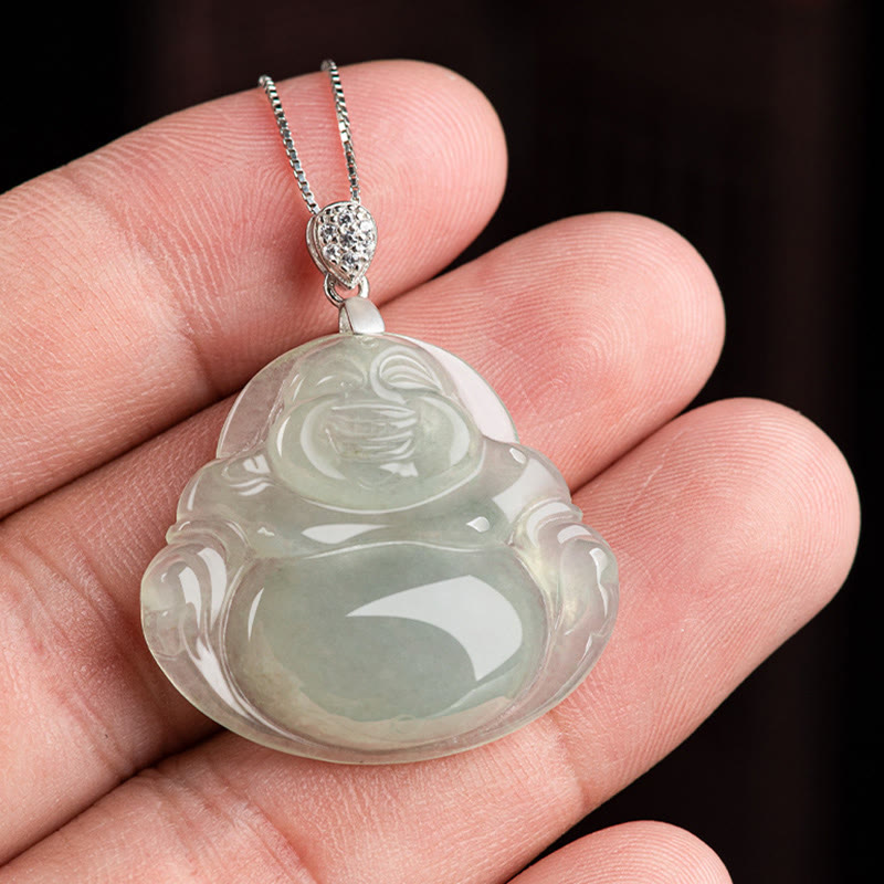 925 Sterling Silber Natürliche Jade Lachender Buddha Wohlstandskette